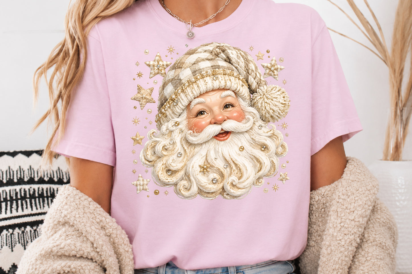 Vintage Cream Gold Santa Claus PNG Christmas Glitter Sublimation Design