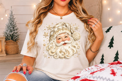 Vintage Cream Gold Santa Claus PNG Christmas Glitter Sublimation Design