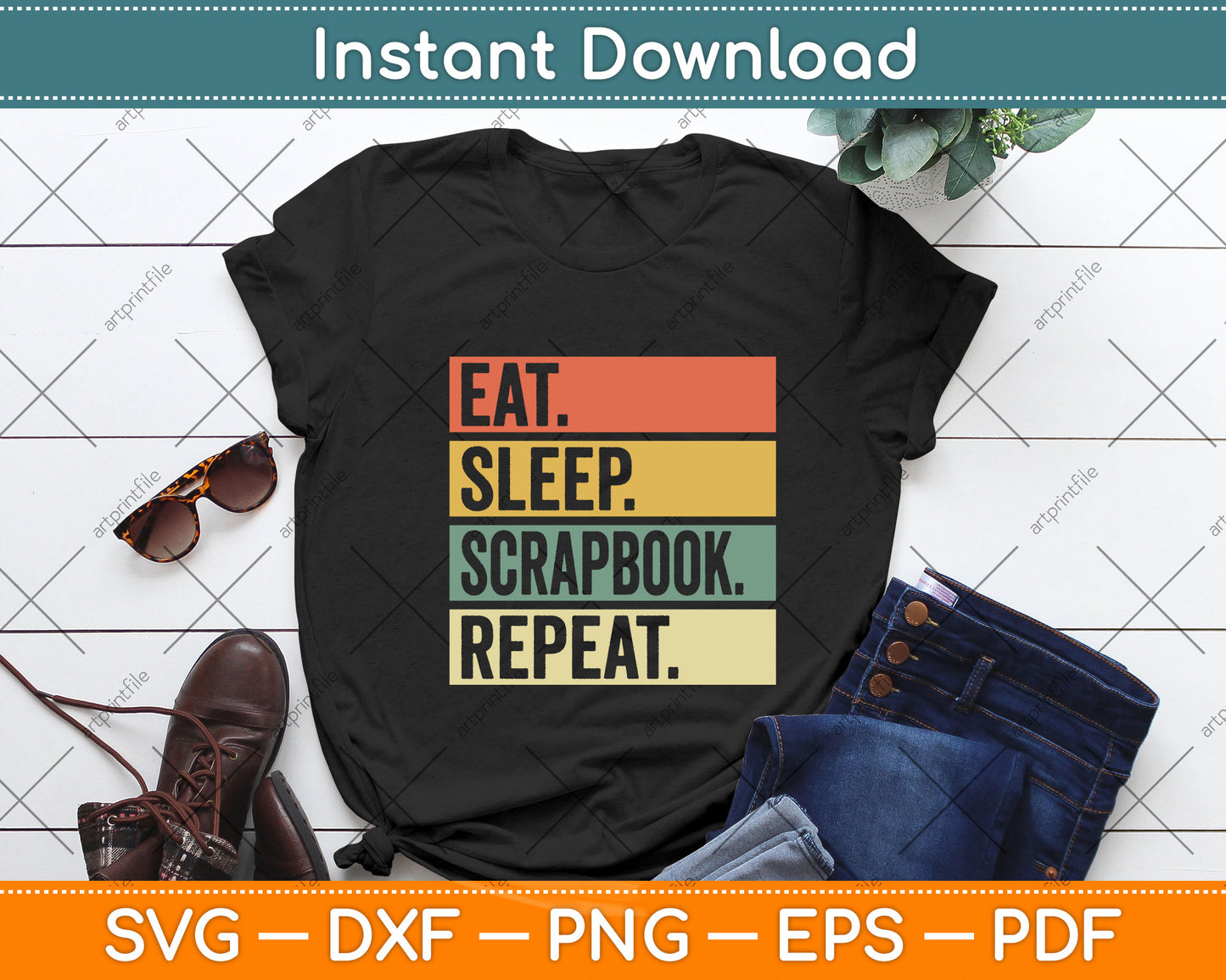 Vintage Eat Sleep Scrapbook Repeat Svg Png Dxf Digital Cutting File