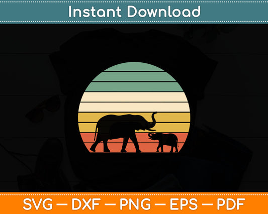 Vintage Elephant Retro Sunset Colors Silhouette Svg Digital Cutting File