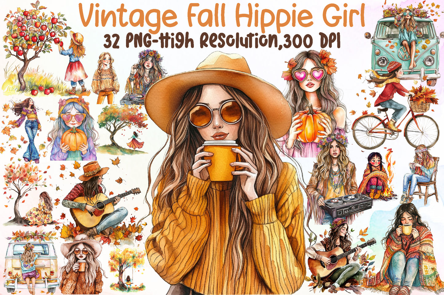 Vintage Fall Hippie Girl PNG Bundle Autumn Boho Clipart