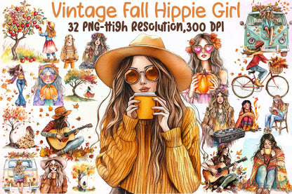 Vintage Fall Hippie Girl PNG Bundle Autumn Boho Clipart