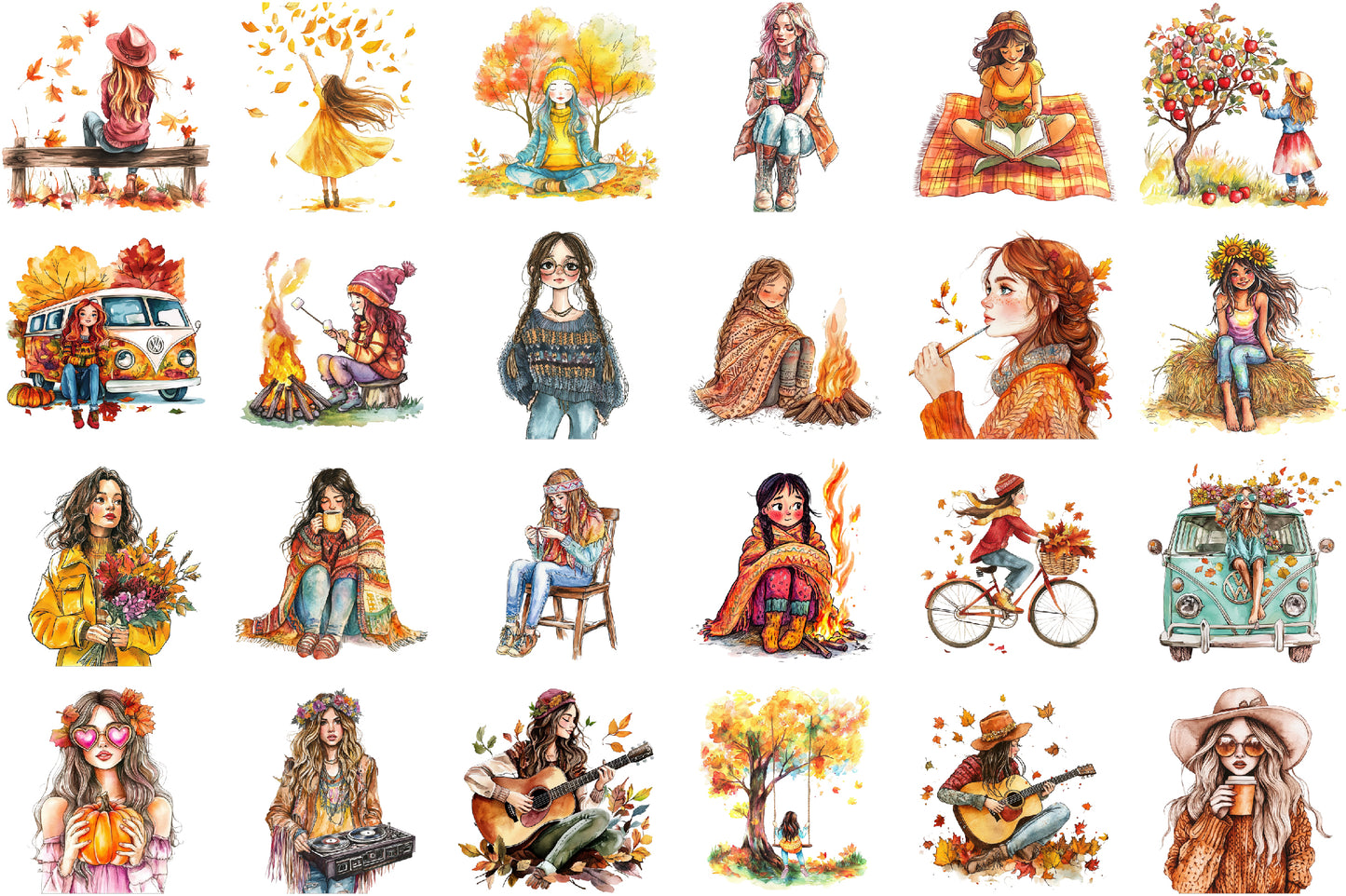 Vintage Fall Hippie Girl PNG Bundle Autumn Boho Clipart