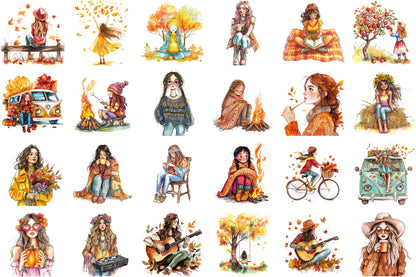 Vintage Fall Hippie Girl PNG Bundle Autumn Boho Clipart