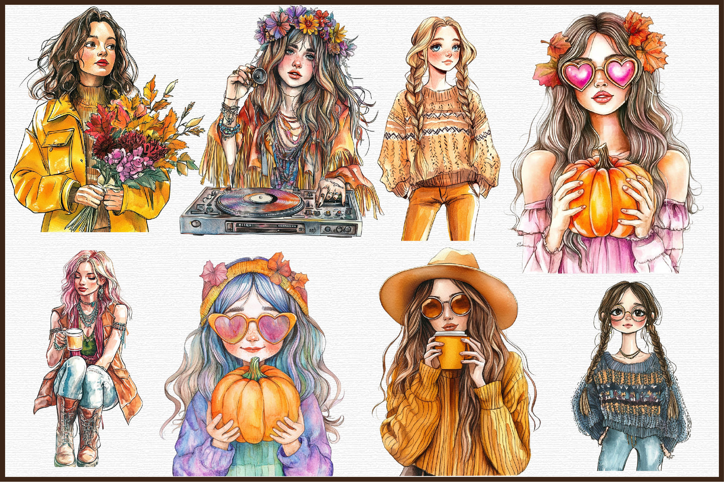Vintage Fall Hippie Girl PNG Bundle Autumn Boho Clipart