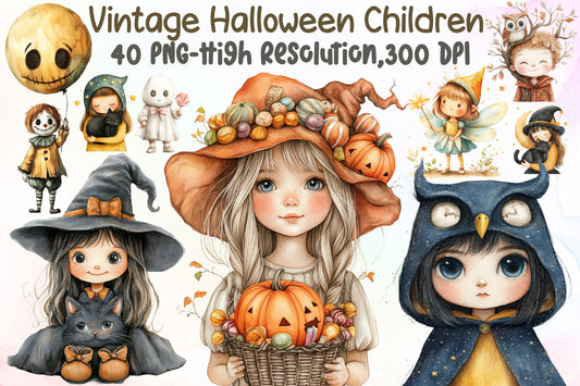 Vintage Halloween Children Clipart Bundle PNG