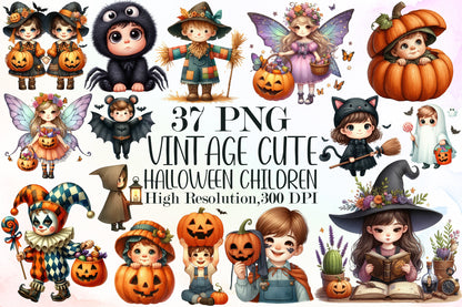 Vintage Halloween Children Clipart Bundle PNG