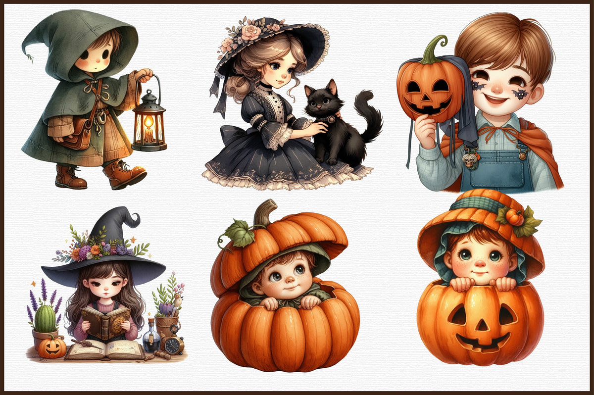 Vintage Halloween Children Clipart Bundle PNG