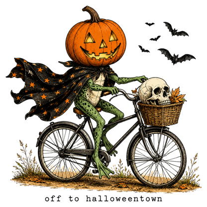 Vintage Halloween Frog Pumpkin Head Bicycle Halloween PNG