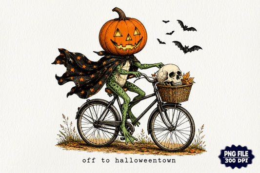 Vintage Halloween Frog Pumpkin Head Bicycle Halloween PNG