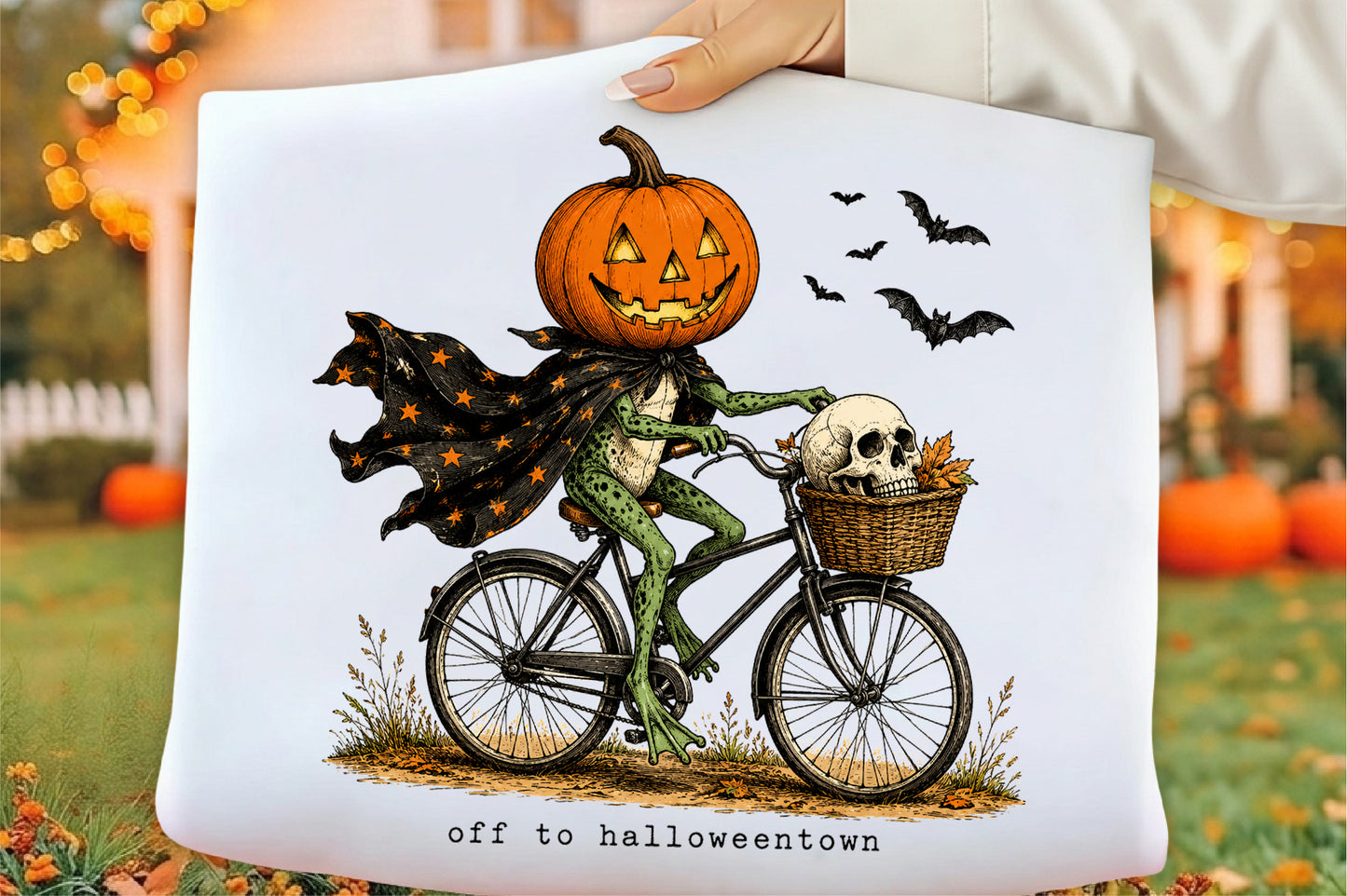 Vintage Halloween Frog Pumpkin Head Bicycle Halloween PNG