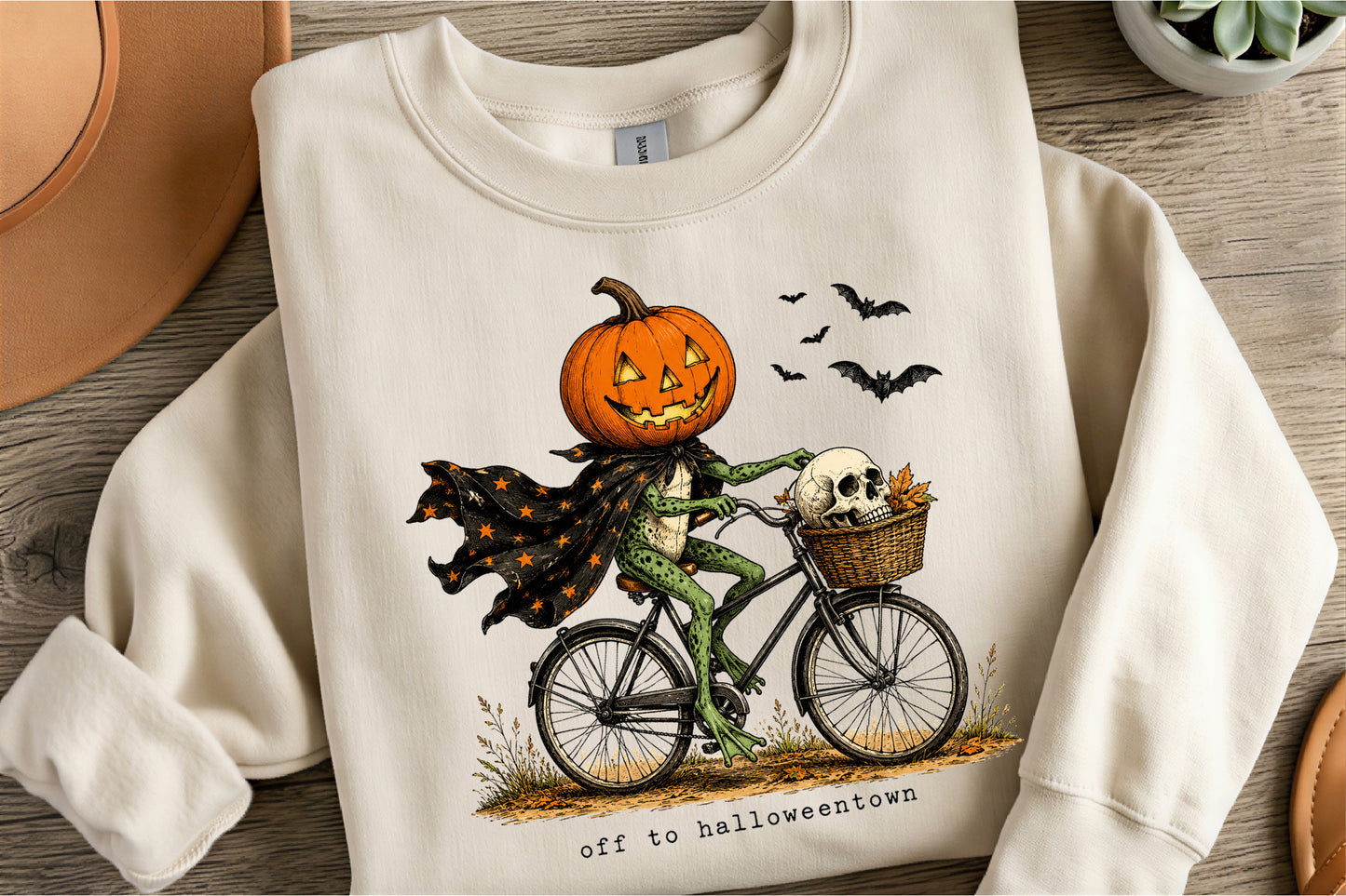 Vintage Halloween Frog Pumpkin Head Bicycle Halloween PNG