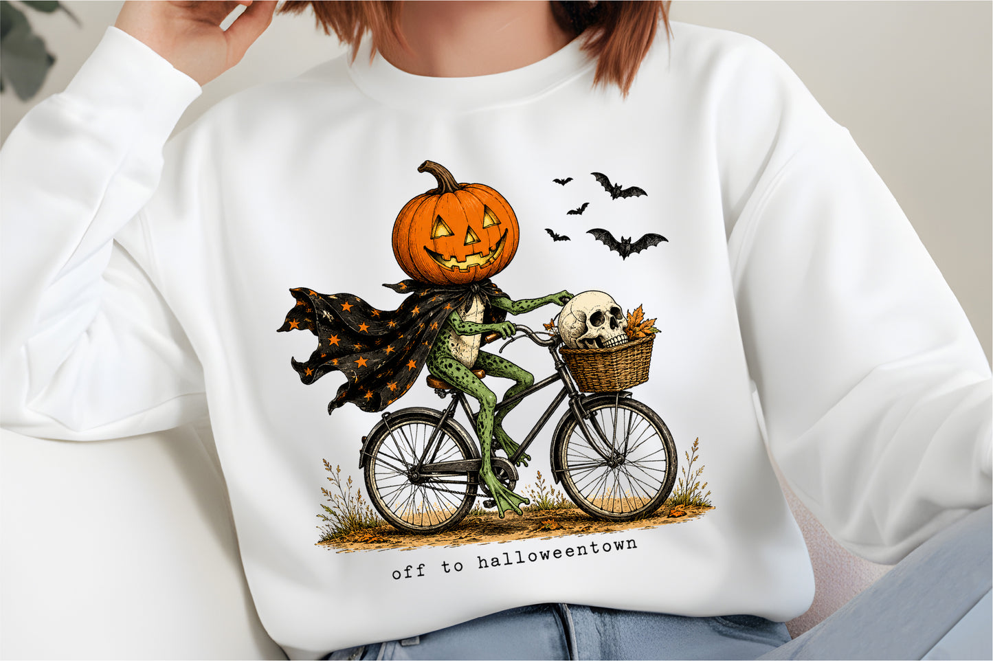 Vintage Halloween Frog Pumpkin Head Bicycle Halloween PNG