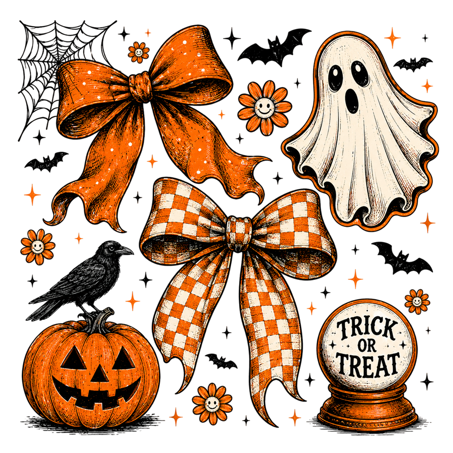 Vintage Halloween Ghost Coquette PNG | Orange Bow Pumpkin Witchy Clipart | Fall Spooky Sublimation Design