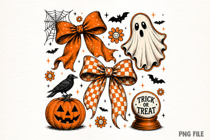 Vintage Halloween Ghost Coquette PNG | Orange Bow Pumpkin Witchy Clipart | Fall Spooky Sublimation Design