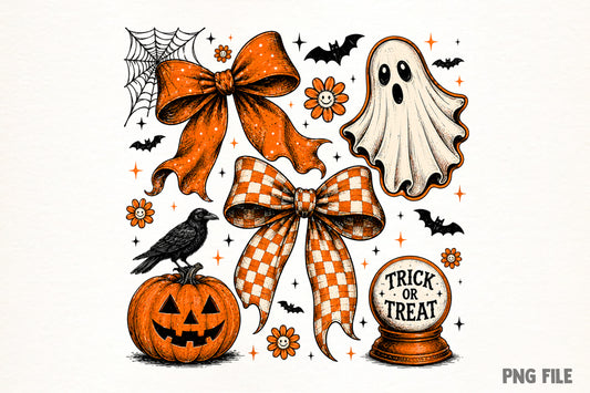 Vintage Halloween Ghost Coquette PNG | Orange Bow Pumpkin Witchy Clipart | Fall Spooky Sublimation Design