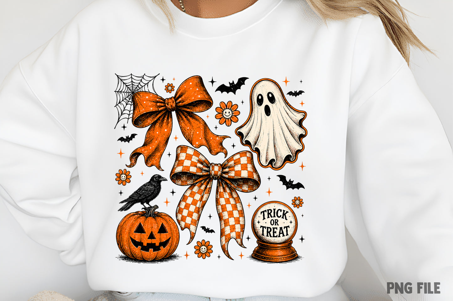 Vintage Halloween Ghost Coquette PNG | Orange Bow Pumpkin Witchy Clipart | Fall Spooky Sublimation Design