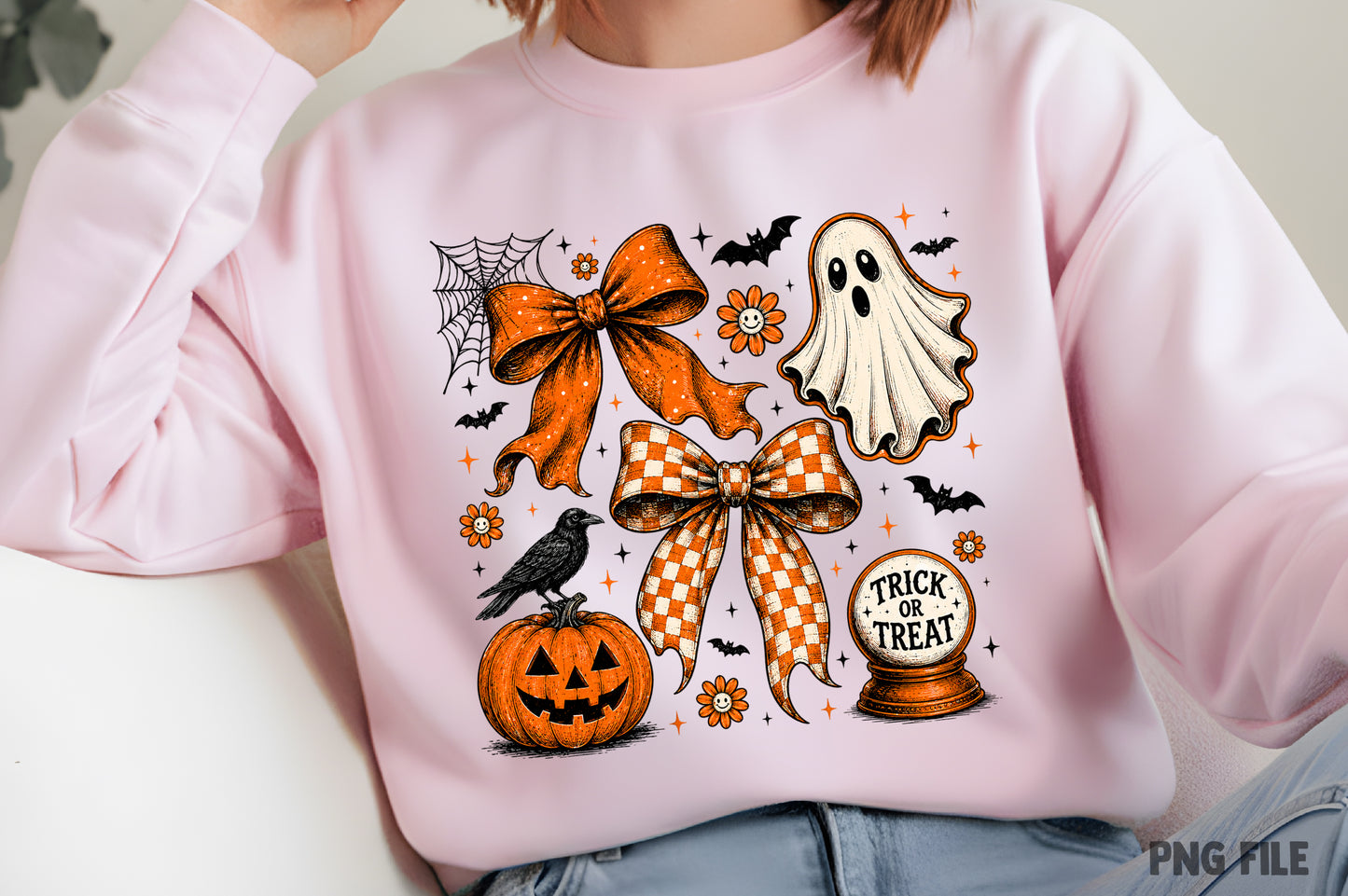 Vintage Halloween Ghost Coquette PNG | Orange Bow Pumpkin Witchy Clipart | Fall Spooky Sublimation Design