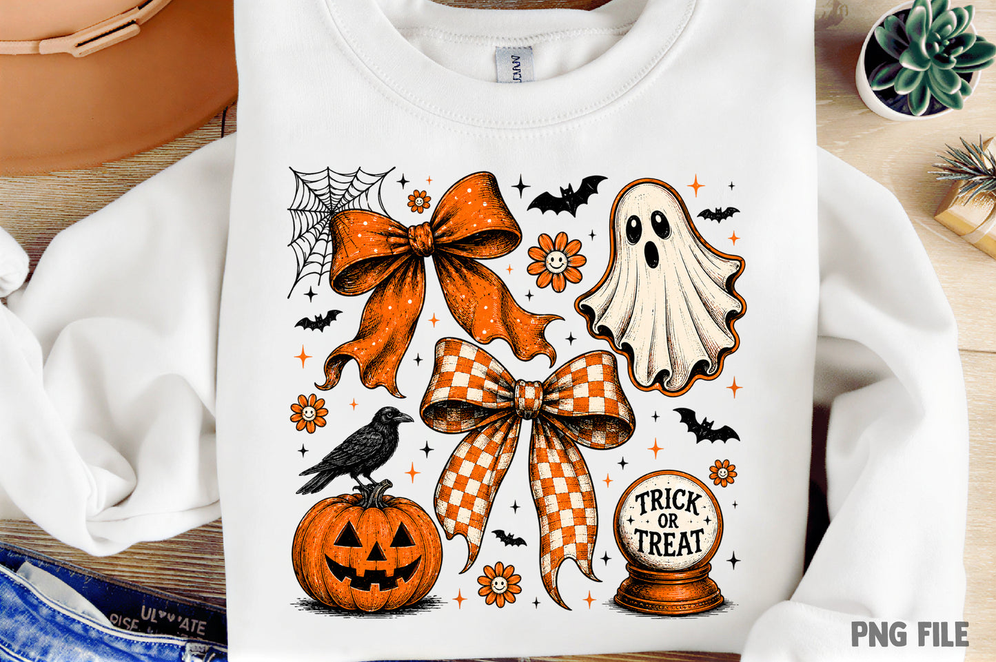 Vintage Halloween Ghost Coquette PNG | Orange Bow Pumpkin Witchy Clipart | Fall Spooky Sublimation Design