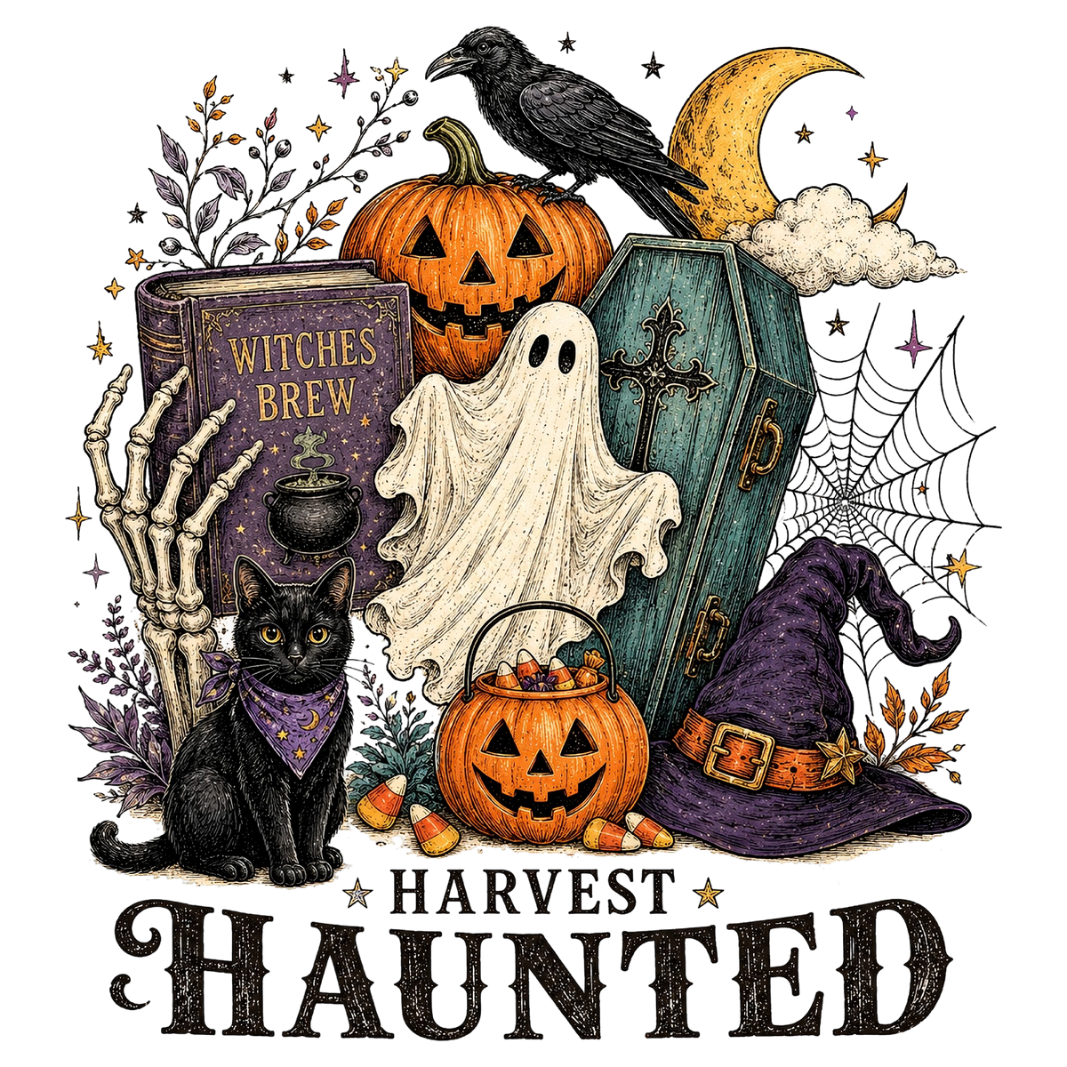 Vintage Halloween Harvest Haunted PNG