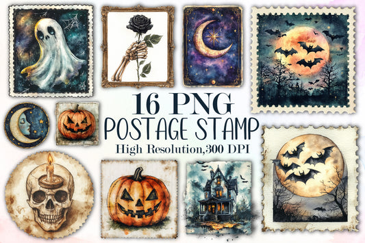 Vintage Halloween Postage Stamp Clipart Bundle PNG