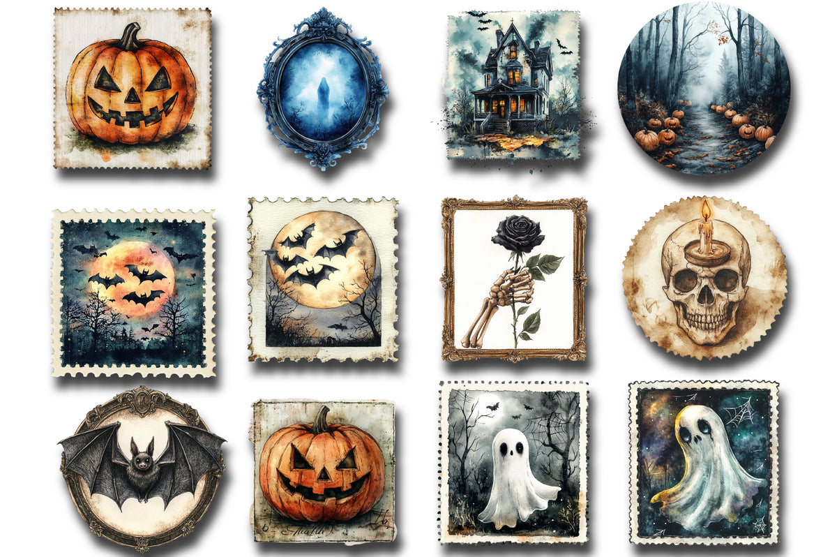 Vintage Halloween Postage Stamp Clipart Bundle PNG