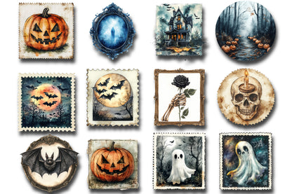 Vintage Halloween Postage Stamp Clipart Bundle PNG