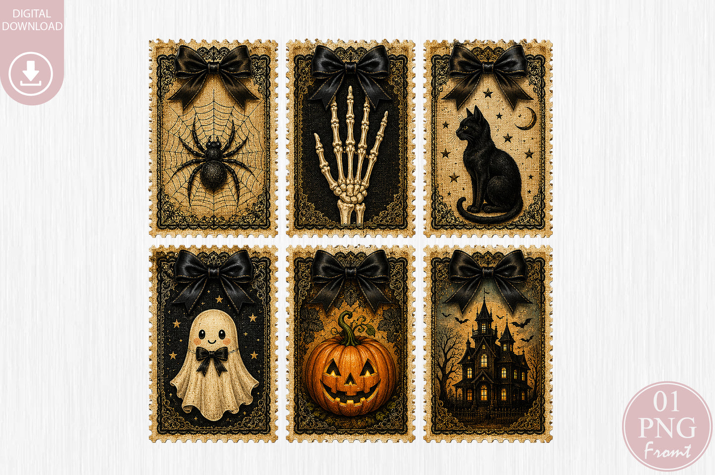 Vintage Halloween Postage Stamp PNG Bundle Sublimation