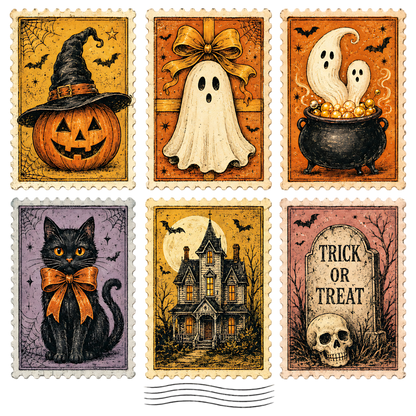 Vintage Halloween Postage Stamps PNG
