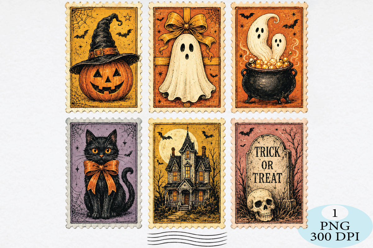 Vintage Halloween Postage Stamps PNG