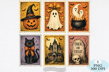 Vintage Halloween Postage Stamps PNG