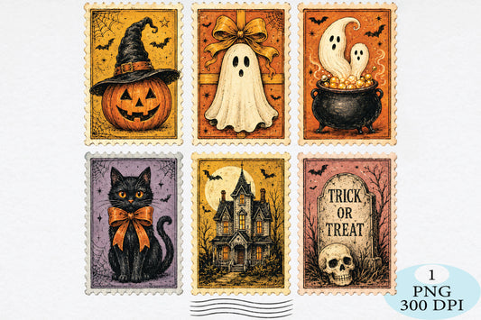 Vintage Halloween Postage Stamps PNG