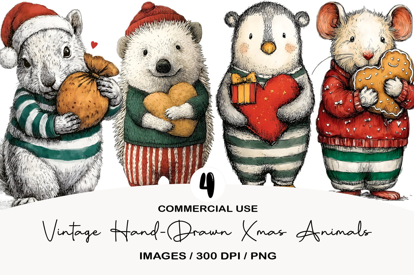 Vintage Hand-Drawn Xmas Animals Clipart