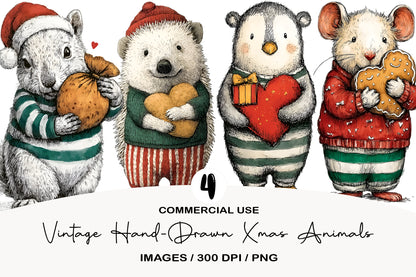 Vintage Hand-Drawn Xmas Animals Clipart