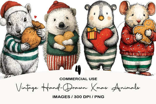 Vintage Hand-Drawn Xmas Animals Clipart