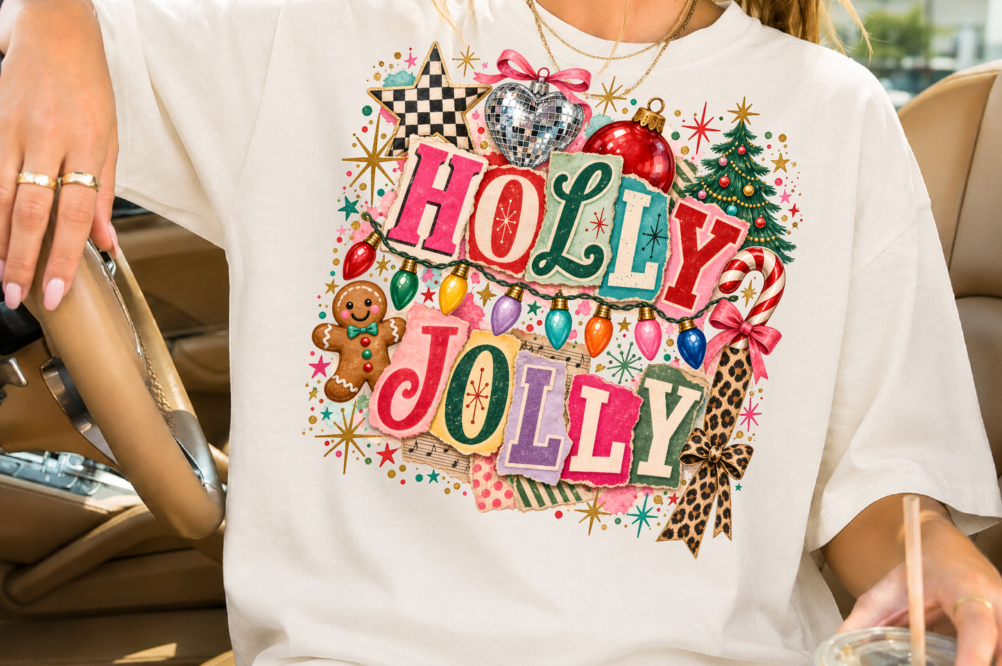 Vintage Holly Jolly Christmas PNG Leopard Bow Candy Cane Sublimation