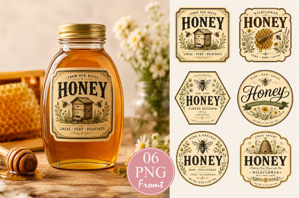 Vintage Honey Jar Label PNG Bundle, Honey Label Clipart