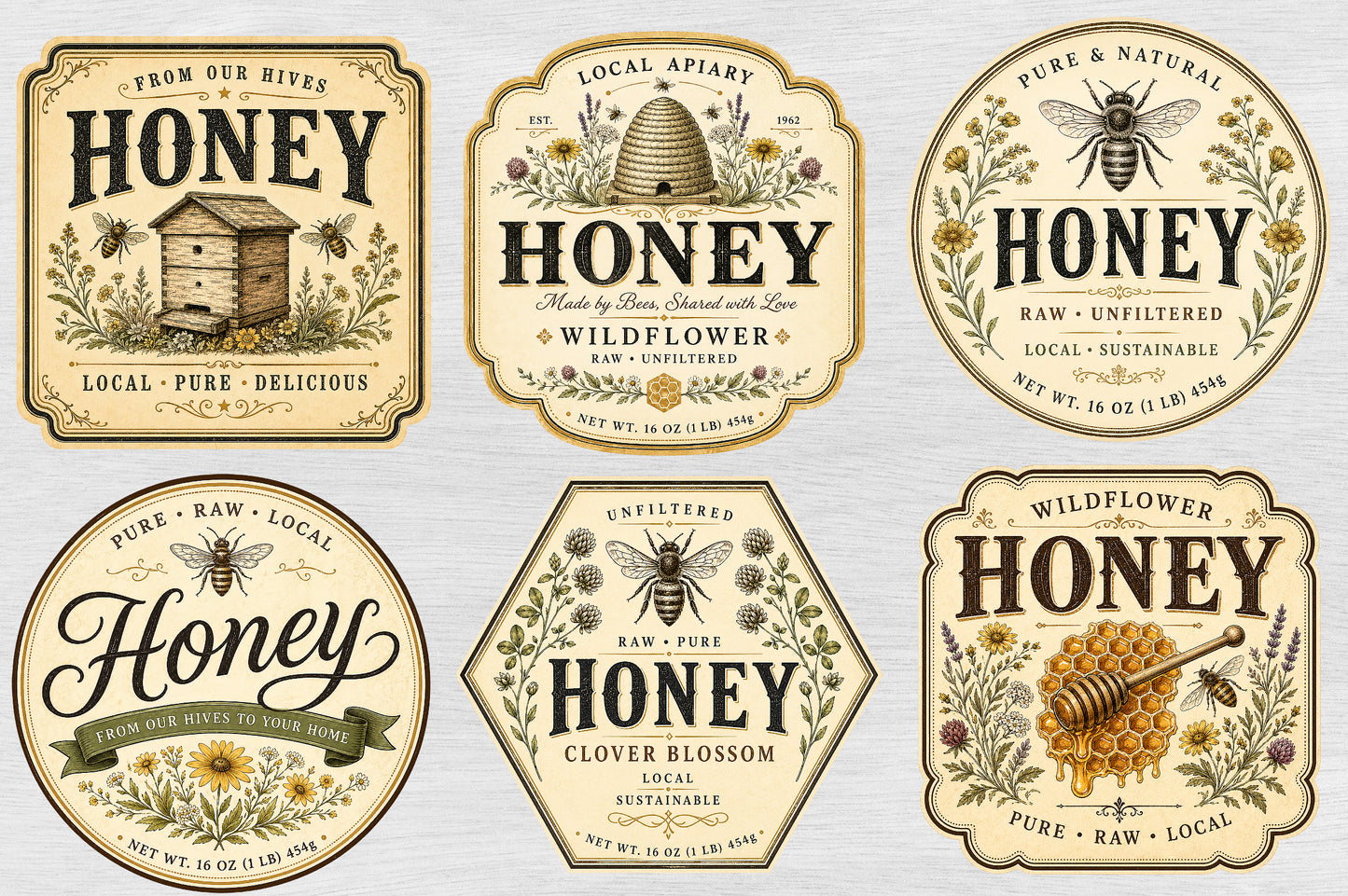 Vintage Honey Jar Label PNG Bundle, Honey Label Clipart