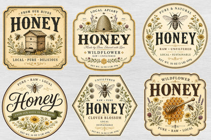 Vintage Honey Jar Label PNG Bundle, Honey Label Clipart
