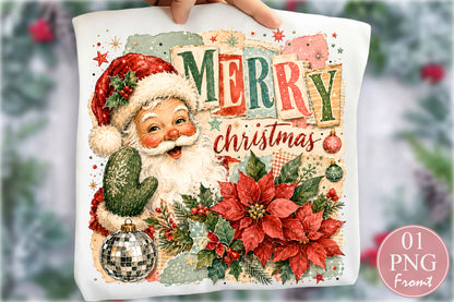 Vintage Merry Christmas Santa PNG Poinsettia Cactus Retro Sublimation