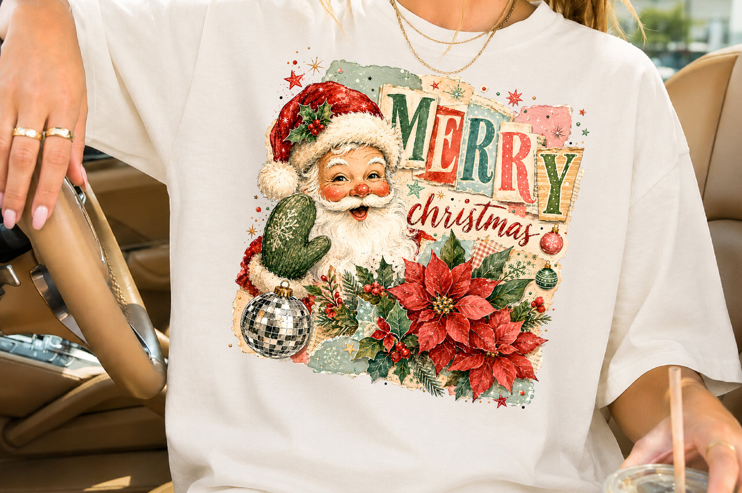 Vintage Merry Christmas Santa PNG Poinsettia Cactus Retro Sublimation