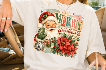 Vintage Merry Christmas Santa PNG Poinsettia Cactus Retro Sublimation