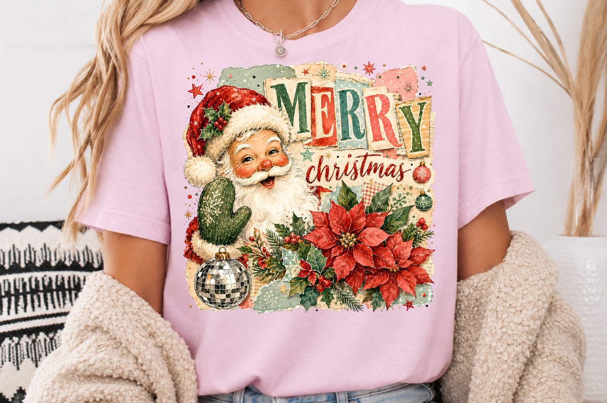 Vintage Merry Christmas Santa PNG Poinsettia Cactus Retro Sublimation