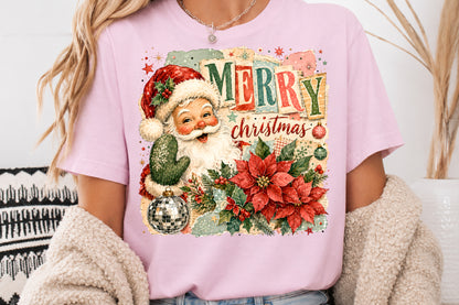 Vintage Merry Christmas Santa PNG Poinsettia Cactus Retro Sublimation