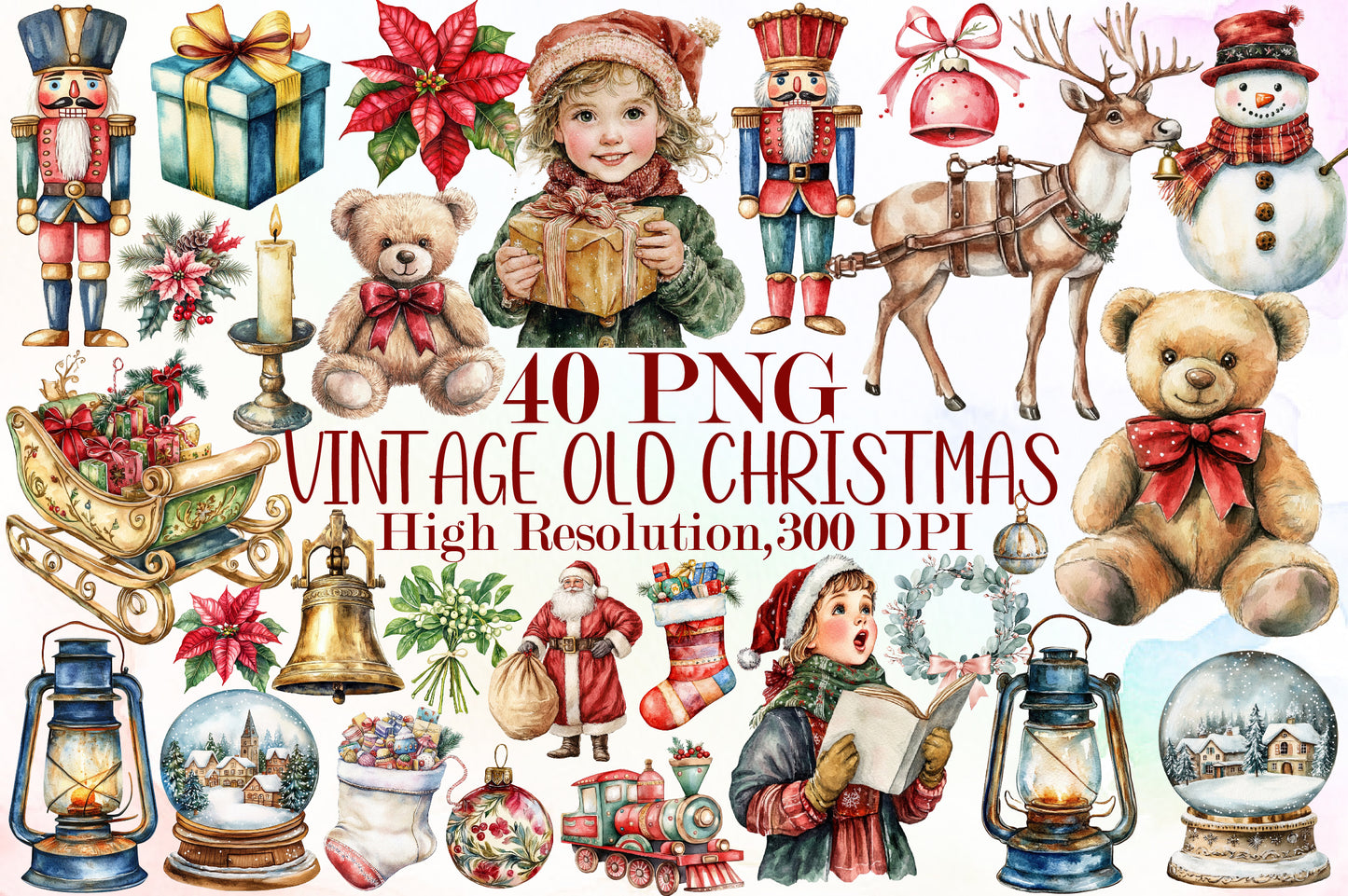 Vintage Old Christmas PNG Bundle Retro Holiday Clipart