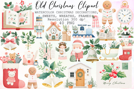 Vintage Old Christmas Watercolor Clipart PNG Bundle