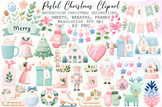 Vintage Pastel Christmas Watercolor Clipart PNG Bundle