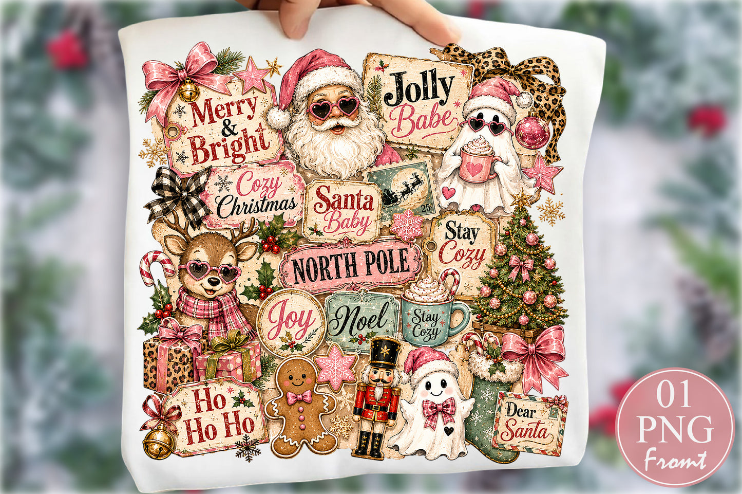 Vintage Pink Coquette Christmas PNG Cute Retro Holiday Sublimation Design