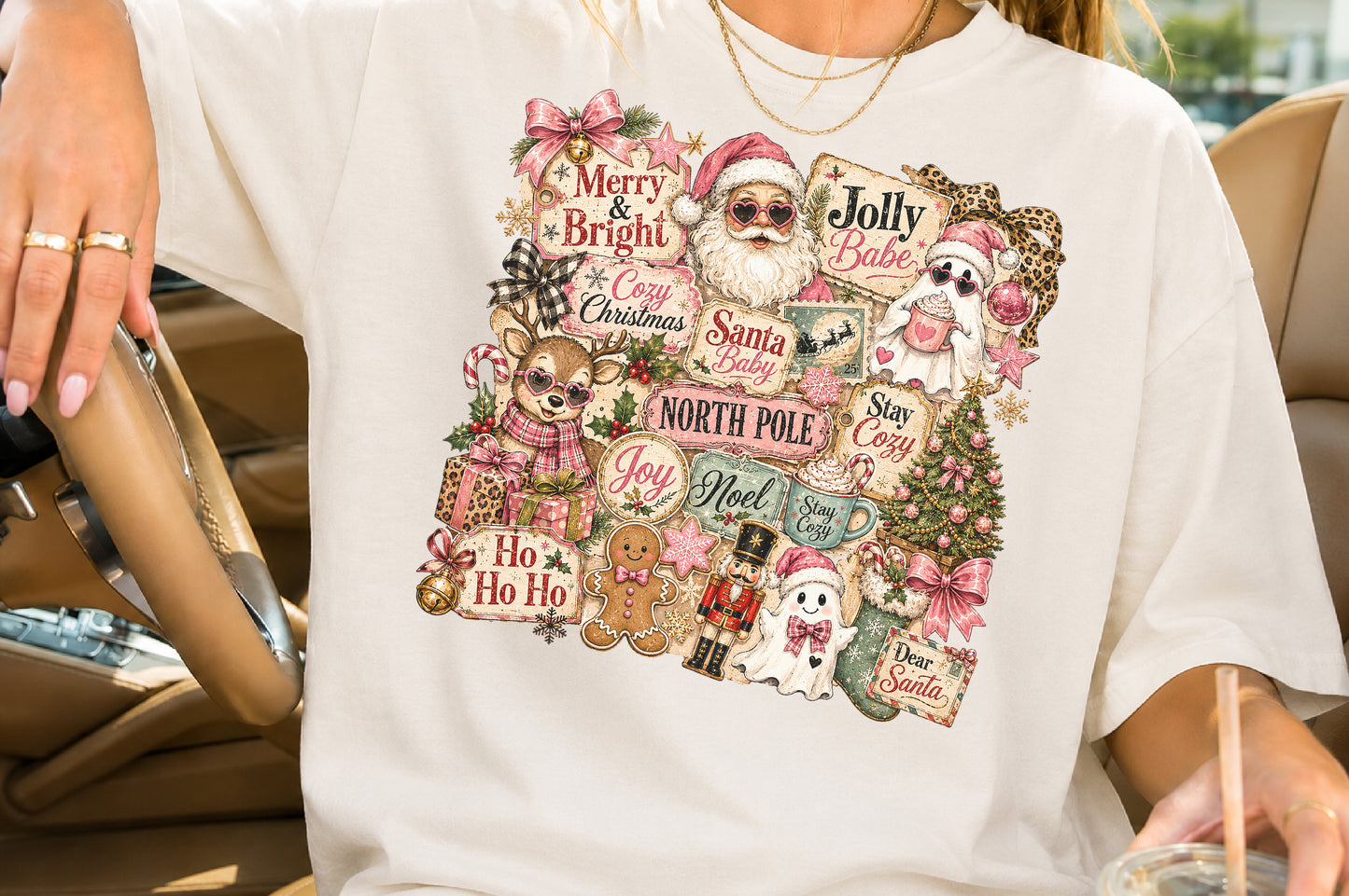 Vintage Pink Coquette Christmas PNG Cute Retro Holiday Sublimation Design