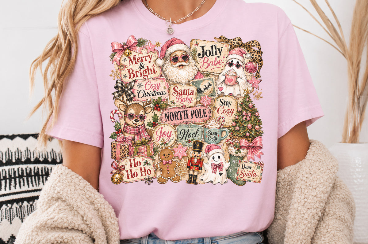 Vintage Pink Coquette Christmas PNG Cute Retro Holiday Sublimation Design